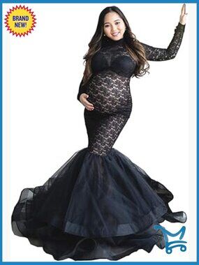 Elegant Lace See-Through Maternity Gown Long Sleeve Tulle Tutu Maxi Dress Photo